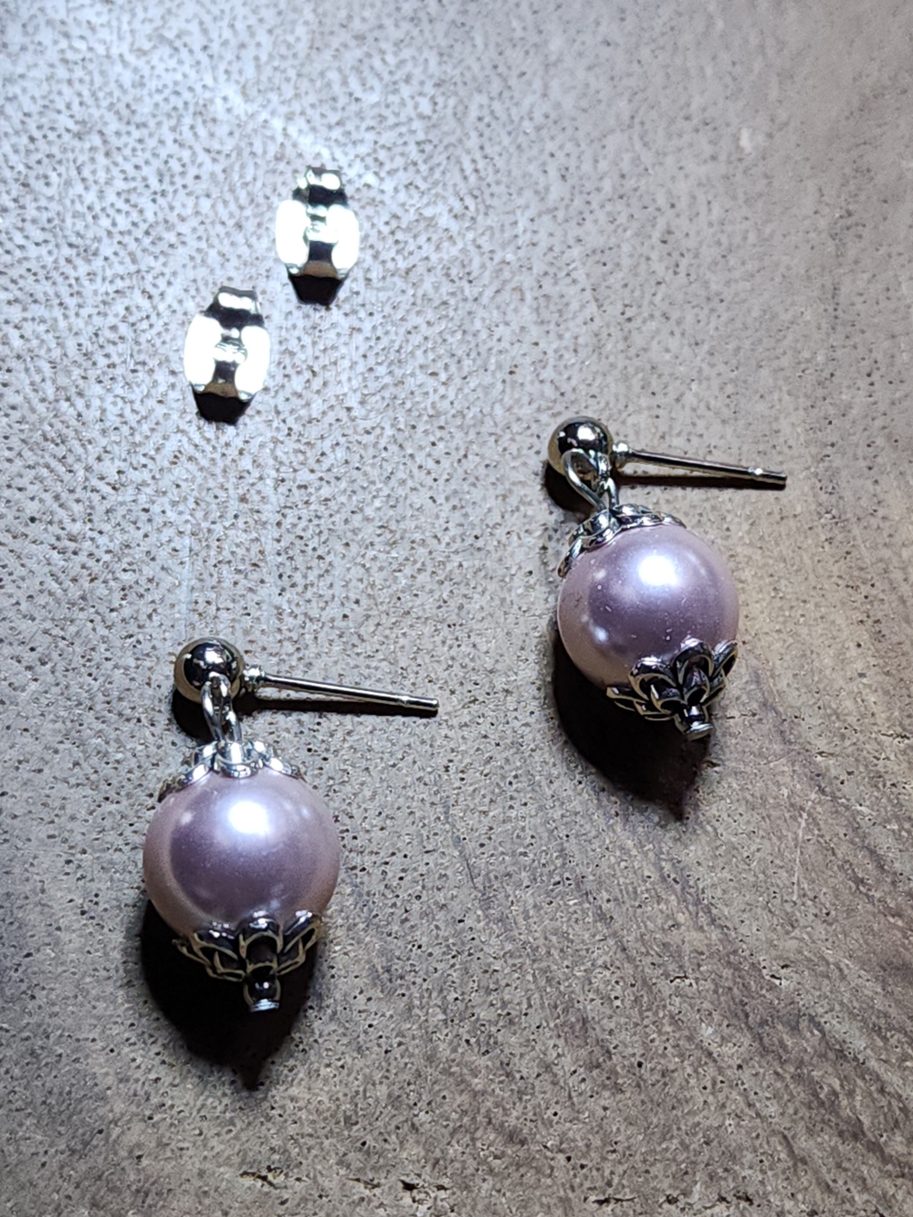 Hand Crafted Pink Pearl Drop Earrings with Silver Toned Accents - Picture 5 of 6